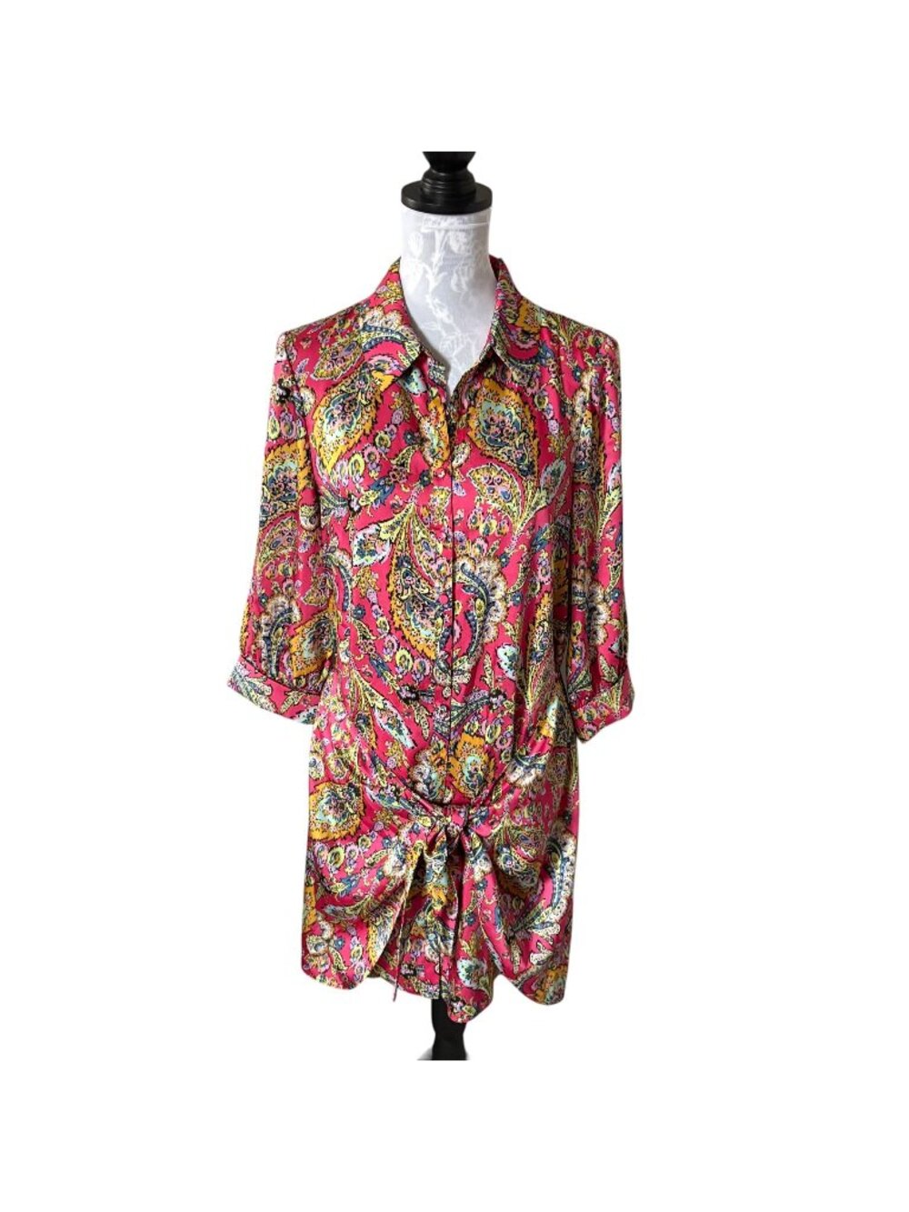 Cinq a Sept Gaby Paisley Print Knotted Shirt Dress Colorful Pink Size 8